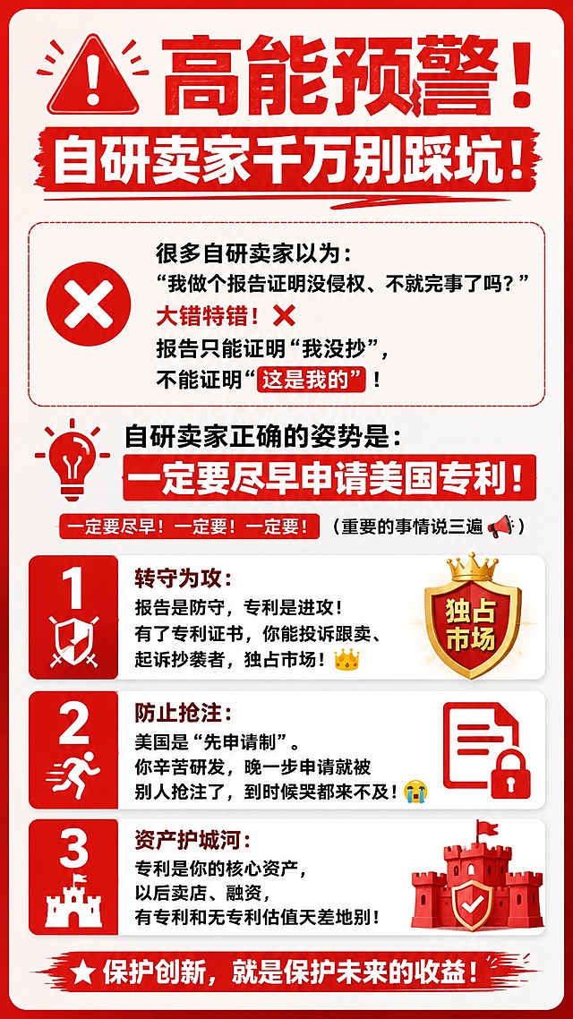 小红书竖版干货长图排版，自研卖家专利避坑指南主题，保留提供的全部原文内容不修改。原文内容："🛑 高能预警！自研卖家千万别踩坑！
很多自研卖家以为：“我做个报告证明没侵权，不就完事了吗？”
大错特错！❌ 报告只能证明“我没抄”，不能证明“这是我的”！

💡 自研卖家正确的姿势是：
一定要尽早申请美国专利！一定要尽早！一定要！（重要的事情说三遍📢）

1️⃣ 转守为攻： 报告是防守，专利是进攻！有了专利证书，你能投诉跟卖、起诉抄袭者，独占市场！👑
2️⃣ 防止抢注： 美国是“先申请制”。你辛苦研发，晚一步申请就被别人抢注了，到时候哭都来不及！😭
3️⃣ 资产护城河： 专利是你的核心资产，以后卖店、融资，有专利和无专利估值天差地别！"。使用醒目红色警示大标题，分点用序号清晰分隔，高饱和撞色警示风格，红色大标题搭配浅白底黑色正文，重点内容用红色色块高亮，三个要点用序号卡片分区，信息层级分明，文字清晰可读不裁切，四周留有安全边距，符合小红书笔记阅读体验，高清细腻