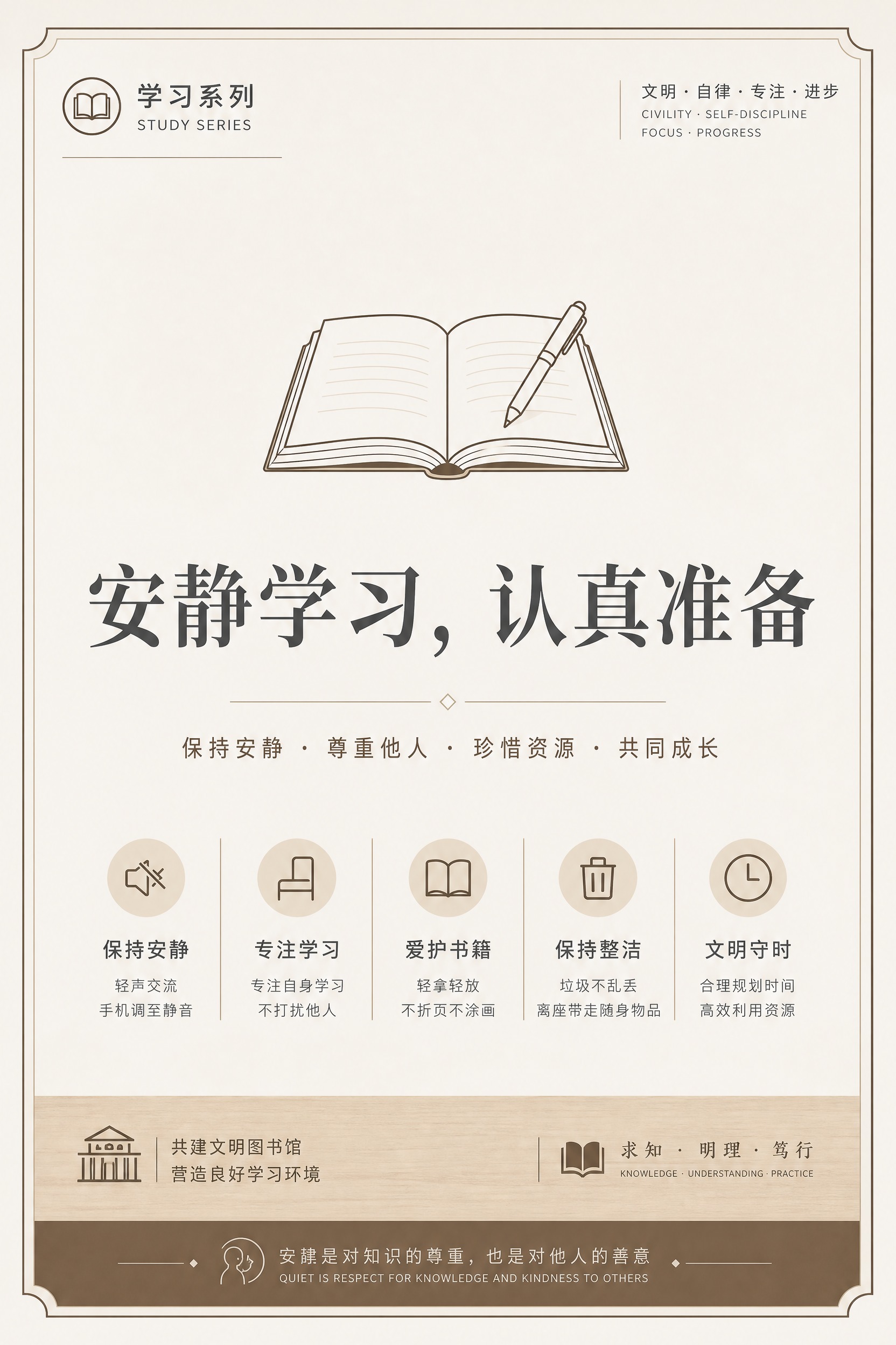 大学图书馆文明提示海报，极简校园公共空间风格，简约清爽克制高级… - 图片创意预览