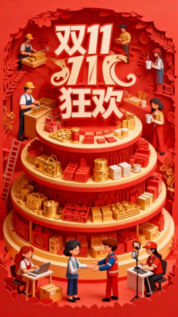 整体为剪纸雕刻风格，层层递进，内部多层展台结构，重复展示商品，最表层是突出的“双11狂欢”的满屏创意艺术字体，边上是工人制作商品，顾客在拿杯子喝水，正在直播的自媒体人，电商客服，快递员等形成的交接画面预览效果