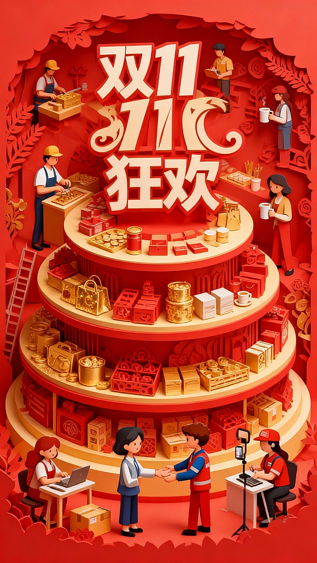 红金主色调，撕纸风与微缩艺术结合，卡通人物演绎双11购物狂欢，国潮元素融入，营造喜庆促销氛围。