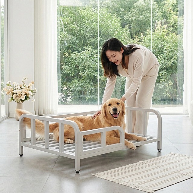 浅灰色金属框架狗床，保持原产品物理结构绝对不变，床下面没有轮子，床腿没有额外东西，床上没有床垫。产品主体不变形不扭曲。
平视构图，主体放置在入户客厅的浅灰色水泥砖地面，背景是整面的落地大玻璃窗，窗外可见浅绿色绿植景观。
现代简约小清新客厅氛围，浅低饱和家居色调。床上趴着一只快乐活泼的金毛，年轻东亚女孩弯腰站在狗床边，微笑着温柔抚摸狗狗，互动自然。
明亮漫射自然光从窗户进来，整体光影柔和干净，低对比度，奶白色调温馨治愈。
玄关处放一个浅色花艺花瓶，地面铺一块奶白色条纹地毯，增加层次和生活感。
商业淘宝主图摄影，4K超清，通透干净，小清新氛围。保持 1:1 画面比例。
