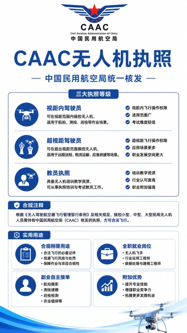 简约专业的CAAC无人机执照官方介绍海报，白蓝简约配色，画面顶部放置CAAC中国民用航空局logo，主标题"CAAC无人机执照"，副标题"中国民用航空局统一核发"，分区块完整呈现用户提供的全部文字内容预览效果