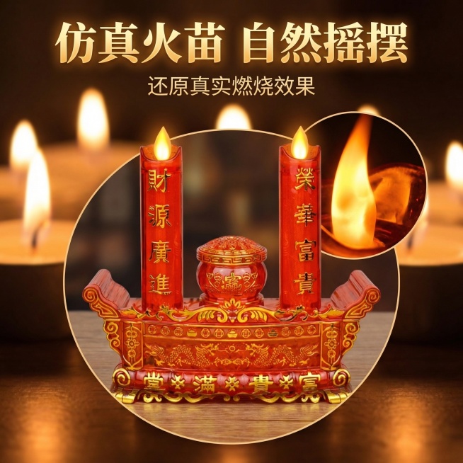 3. [主图 3：火苗效果细节] 垫图：https://5），整体舒适简约，暖调柔和光影。视角构图：火苗特写+产品整体结合，画中画布局。文字版式：顶部大标题 "仿真火苗 自然摇摆"，副标题 "还原真实预览效果