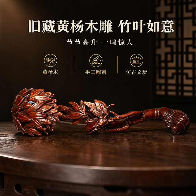 【拼多多主图1 正面主图】1:1 方形电商主图，新中式深色静物商业摄影。
[产品保真 最重要] 严格保持输入图外观：深红棕色黄杨木雕“竹叶如意”——如意头为层叠竹叶簇（叶形饱满、叶脉清晰），中段竹叶丛中雕有一只蝉（蝉身分节、双翅收拢），柄作竹节造型（节间有竹节环纹），尾端为卷曲竹根状；必须保持整体横长条形态、各段比例、竹叶数量与层叠关系、蝉的位置、竹节数与环纹、尾端卷曲造型、颜色与雕工细节，不得改变造型或增减元素。
[构图] 产品横放斜置于画面中，如意头在左、尾端在右，完整入画、两端不出画，占画面宽度约80%、高度约30%，下方为深胡桃木台面并有真实接触阴影；后景深棕黑渐变墙面与虚化中式窗棂剪影；前景台面边缘虚化。
[光影质感] 左上45度暖柔光 + 侧后轮廓光，木雕表面油润温润反光，竹叶叶脉与竹节环纹层次清晰，暖琥珀色温。
[配色] 深棕黑渐变背景、深胡桃木台面；标题暖米白，正文浅暖灰，强调色暗金（仅小面积细线、图标、分隔线）。
[文字版式] 上方居中主标题“旧藏黄杨木雕 竹叶如意”（宋体类衷线粗体、暖米白、最大字号），下方副标题“节节高升 一鸣惊人”（浅暖灰、字号缩小一半），下方一排三个暗金细线小图标标签“黄杨木”“手工雕刻”“仿古文玩”；文字全部横排，不遮挡产品，无错字。
[禁止] 竖排/旋转/单字竖列文字；任何尺寸或重量数字；开光、招财、转运、治病、保健、保佑、升官发财等功效类文案与绝对化用语；平台Logo、水印、二维码、装饰边框；道具上的文字或图标；产品被截断或改成竖长条。