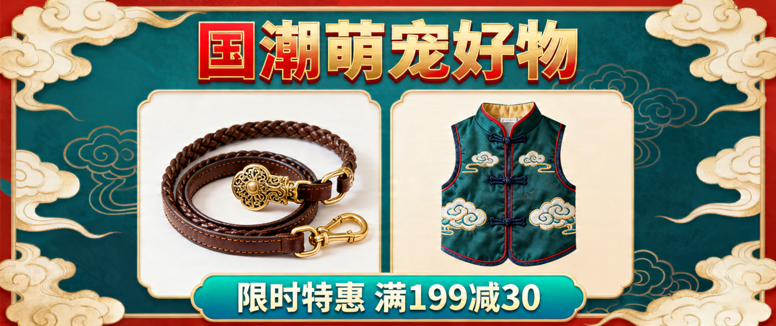 一张横版宠物用品海报，风格国潮设计，展示精致宠物牵引绳和宠物服装，适合电商促销活动，整体设计醒目吸睛预览效果