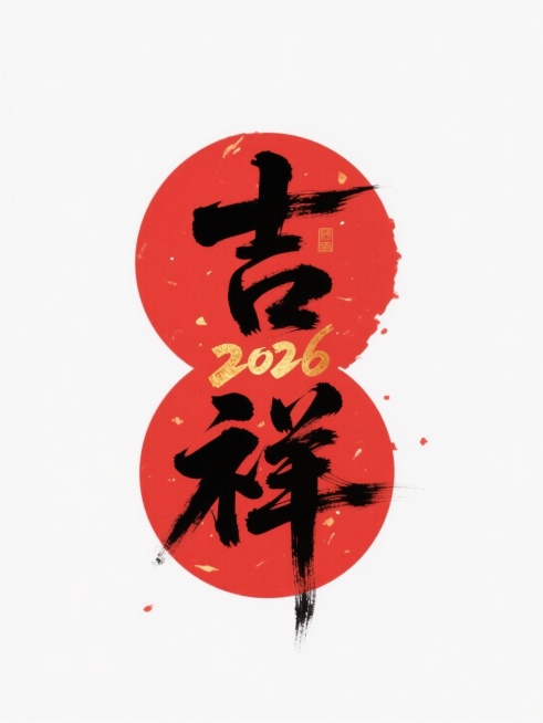 主体是红色春联，两个纯红色圆形上下拼接，内部写着苍劲的黑色毛笔书法 “吉祥” 二字，点缀金色渐变的 “2026” 。白色背景预览效果