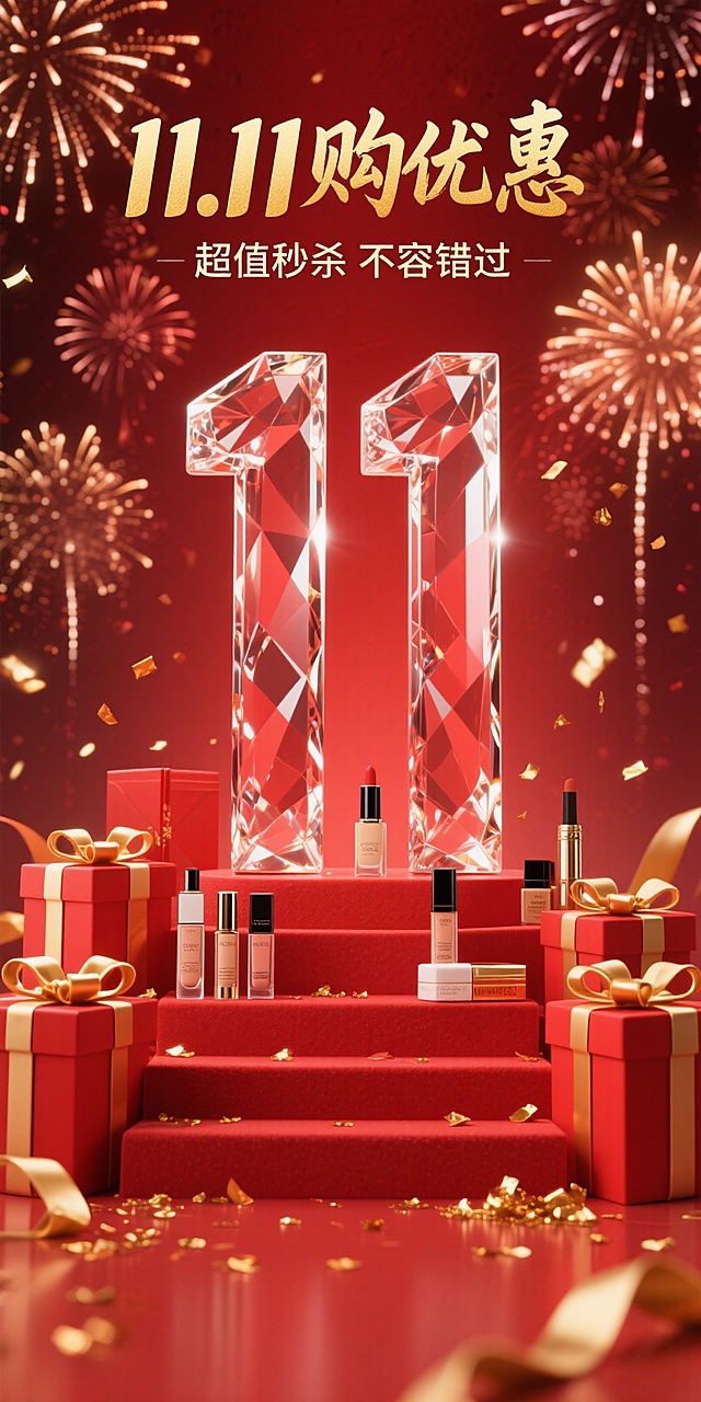 3D玻璃风数字“11”闪耀夺目，鎏金礼盒与璀璨烟花烘托喜庆奢华氛围，重拟物设计搭配时尚美妆产品，尽显节日盛典感。