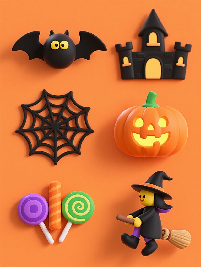 3D卡通风格万圣节元素集合，纯色背景，整体变换为橙色与黑色为主的万圣节主题配色，保持原有的圆润可爱造型和简洁阴影效果。画面规整排布六个完全不同的元素：左侧上方是展翅的黑色蝙蝠，圆头圆脑，黄色圆形眼睛；右侧上方是尖顶黑色城堡，带有拱形窗户和小塔楼；左侧中间是不规则黑色蜘蛛网，带有交叉丝线纹理；右侧中间是咧嘴笑的橙色南瓜灯，顶部有绿色短柄，内部透出黄色光亮；左侧下方是彩色糖果组合，包括紫色圆形糖、橙色棒状糖和绿色螺旋糖；右侧下方是骑着扫帚的女巫，身穿黑色斗篷和尖顶帽，面部简化为黄色圆形，整体元素大小一致，排列整齐，形成同风格系列素材集合。