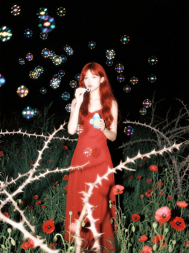 夜晚的荆棘草丛，有红色花朵，女生拿着泡泡玩具（红色长裙），环绕无数动态发光的泡泡。全景，看镜头。