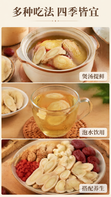 [第5屏] 多场景适用展示屏。
[氛围/风格] 生活化多场景拼贴，自然温馨，真实融入日常养生场景。
[元素布局] 本屏使用【图1】黄芪片产品，保持产品颜色纹理结构与输入图一致。采用上下三格场景拼贴布局预览效果