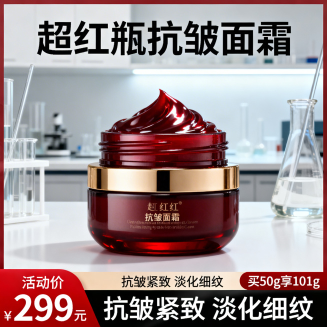 面霜电商主图，核心目标是在搜索结果页中一眼抓住注意力。顶部核心信息区主标题「超红瓶抗皱面霜」，采用醒目黑色大号字体。中部商品展示区居中放置一瓶深红色瓶身的抗皱面霜，瓶身有金色装饰，膏体丰盈有光泽，背景预览效果