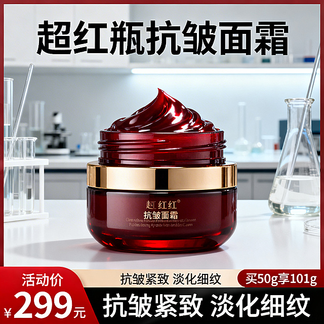 面霜电商主图，核心目标是在搜索结果页中一眼抓住注意力。顶部核心信息区主标题「超红瓶抗皱面霜」，采用醒目黑色大号字体。中部商品展示区居中放置一瓶深红色瓶身的抗皱面霜，瓶身有金色装饰，膏体丰盈有光泽，背景为干净的实验室场景，有玻璃试管、白色实验台面，整体光线明亮柔和，突出产品科技感和专业抗皱功效。底部辅助信息区通栏设计，通栏左侧标注「活动价 299元」，白色字体配红色背景标签，通栏右侧标注「买50g享101g」，通栏中间标注「抗皱紧致 淡化细纹」。整体风格高端专业，商品占据核心视觉位置，层次清晰，文字不遮挡产品主体。