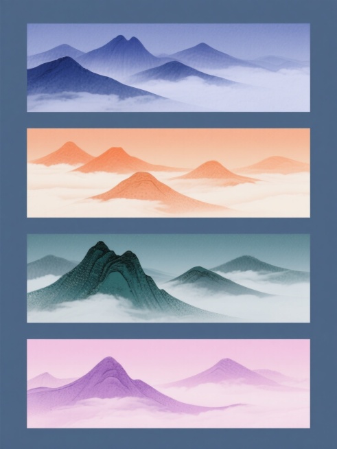 一组四幅中国风山水插画的系列集合，每幅均采用纯色背景，保持淡雅水墨渐变质感与柔和朦胧的光影效果，笔触细腻且带有轻微的颗粒纹理，构图遵循对称与视觉引导线原则。第一幅：主体为深浅不一的靛蓝色山峦，云雾以淡紫灰色呈现，营造宁静悠远的氛围；第二幅：以暖橙色为主调的层叠山峰，搭配米白色云雾，展现温暖和煦的意境；第三幅：墨绿色山体与青灰色云雾交织，呈现沉稳深邃的山水景致；第四幅：粉紫色山峦配以浅粉色云雾，……预览效果