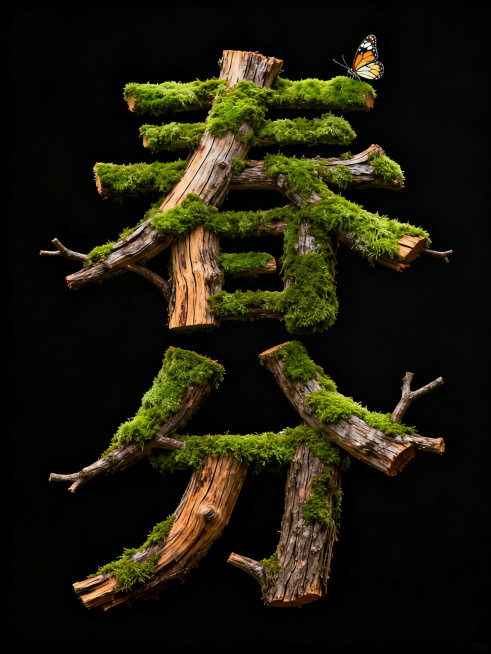 纯黑色背景，“春分”字体设计，笔画巧妙设计成树干和树枝形态，由带有自然纹理色泽的木材和表面覆盖的茂盛绿色苔藓构成，仿佛真实树木在生长，充满生机，字体上方停着一只小蝴蝶作为装饰预览效果