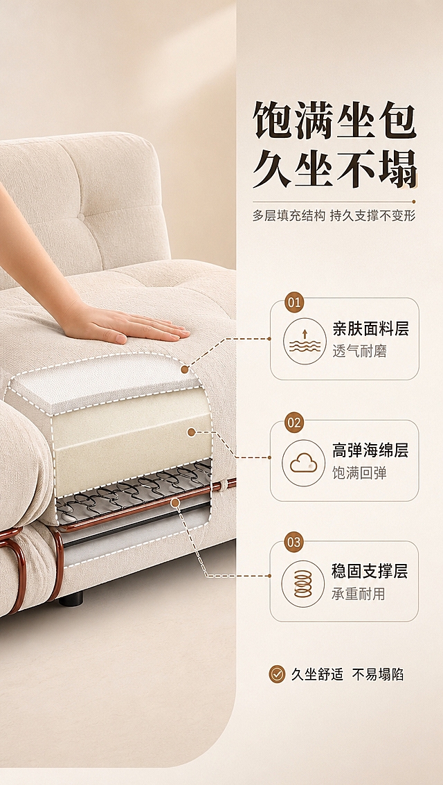 [商品] 使用【图1】米白色中古模块化布艺沙发；保留方正极简造型、米白色面料、底部金属支架、整体比例与轮廓；对坐包部分做分层结构示意（用半透明虚线分层方式展示内部结构，不破坏沙发外观），增强坐包饱满厚实的视觉表现。
[画面] 目标：解析饱满厚实坐包的内部结构，证明久坐舒适不塌的支撑力。左图右文版式，左侧约60%为沙发坐包特写+分层结构示意，右侧约40%为文案说明区。沙发呈侧前方角度，重点突出坐包部分，用虚线和引线标注出三层结构：表层面料层、中层高弹海绵层、底层支撑框架/弹簧层。坐包上可放一只手轻轻按压，体现回弹性。背景为浅米色渐变背景，简洁干净。产品占画面约60%。阅读动线从左侧坐包特写沿引线看向右侧结构说明。
[视觉] 套系策略：风格=中古风极简高级商业家居摄影；标题字=现代宋体粗体；正文字=简洁无衬线体；主色=米白奶杏；背景延展=基于米白奶咖做深浅层级、同色渐变和细腻墙面/纸张质感；强调色=焦糖棕，仅用于小面积图标、引线和标签；标题色=深炭棕；正文色=中暖灰；组件=细线引线、圆角浅底信息卡、复古序号标；光影=左前侧暖柔光，结构示意处光线均匀清晰。
[文字] 右侧文案区：主标题「饱满坐包 久坐不塌」（8字），副标题「多层填充结构 持久支撑不变形」（14字）。三个结构点：「亲肤面料层 透气耐磨」「高弹海绵层 饱满回弹」「稳固支撑层 承重耐用」，每条配小图标。底部加一行「久坐舒适 不易塌陷」。文字均为横排，层级清晰。
[规格] 图片比例9:16竖版，4K分辨率，避免变形、错字、文字过小、冷蓝背景、沙发颜色改变、版型失真、极限词。