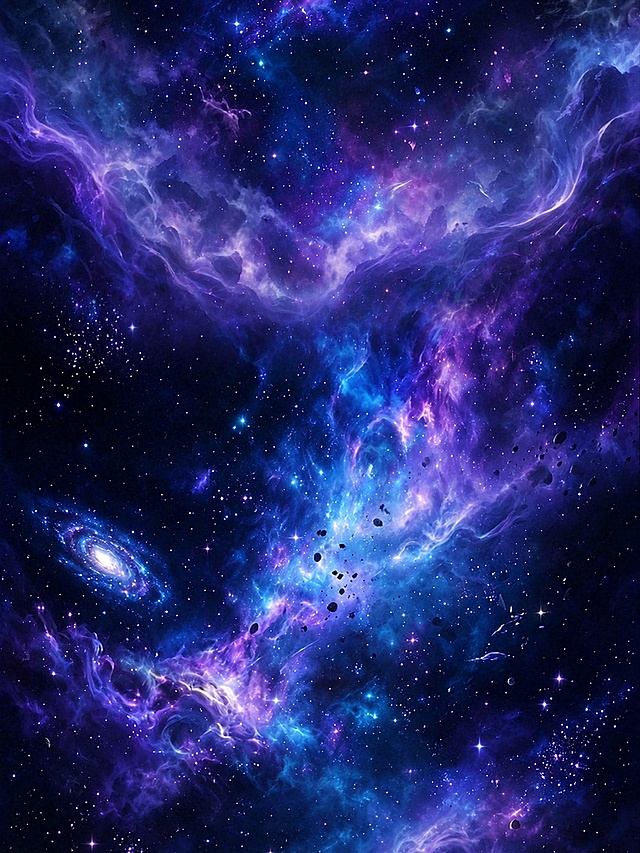 将两张星空星云图垂直拼接，最终尺寸与第二张图（纵向图）的原始尺寸完全一致，宽度1366像素，高度1772像素。具体要求：1. 上半部分放置第一张横向紫蓝色星云图，严格保留其全部内容和画面细节，不做任何修改，位于画面顶部；2. 下半部分保留第二张纵向蓝紫色星云图的底部区域，严格保留其下半部分的所有内容（包括小行星、螺旋星系等元素），不做任何修改；3. 两张图的拼接过渡融合区域高度至少为400像素，在这个400像素以上的高度范围内进行深度自然融合，让第一张图的底部星云色彩、云雾纹理、星点密度与第二张图的上部星云无缝衔接，渐变过渡自然流畅；4. 过渡区域内星云的紫蓝色调和谐统一，云雾流动方向连贯，星点分布均匀自然，没有任何明显的拼接痕迹、断层线或卡顿感；5. 整体画面风格统一为梦幻宇宙星空，视觉上是一张完整连续的星空长图；6. 严格保证最终输出图片的尺寸大小不变，与第二张图的原始宽高完全一致。