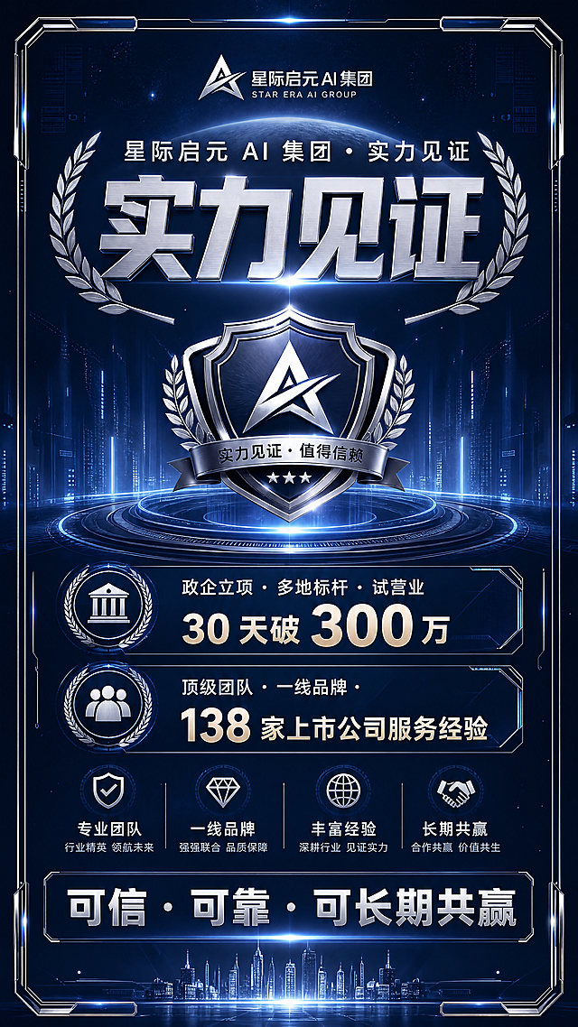 未来实力背书海报，深蓝色科技，勋章光效，简洁正式，高端大气，信任增强，包含文案"星际启元 AI 集团・实力见证 政企立项・多地标杆・试营业 30 天破 300 万 顶级团队・一线品牌・138 家上市公司服务经验 可信・可靠・可长期共赢"