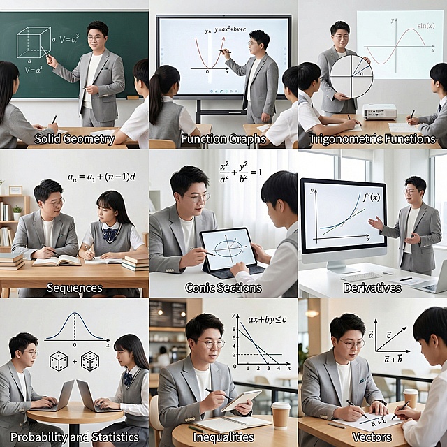 帮我生成关于高中数学的九宫格图片，要有老师和学生，老师的脸帮我设计成这张图片的，学生是中国人，场景是教室、家里、办公室、咖啡厅等，帮我生成20张