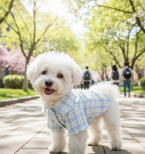 比熊穿上这套衬衫，宛如春日要上学的学生一样，开心，还不忘回头耍酷预览效果