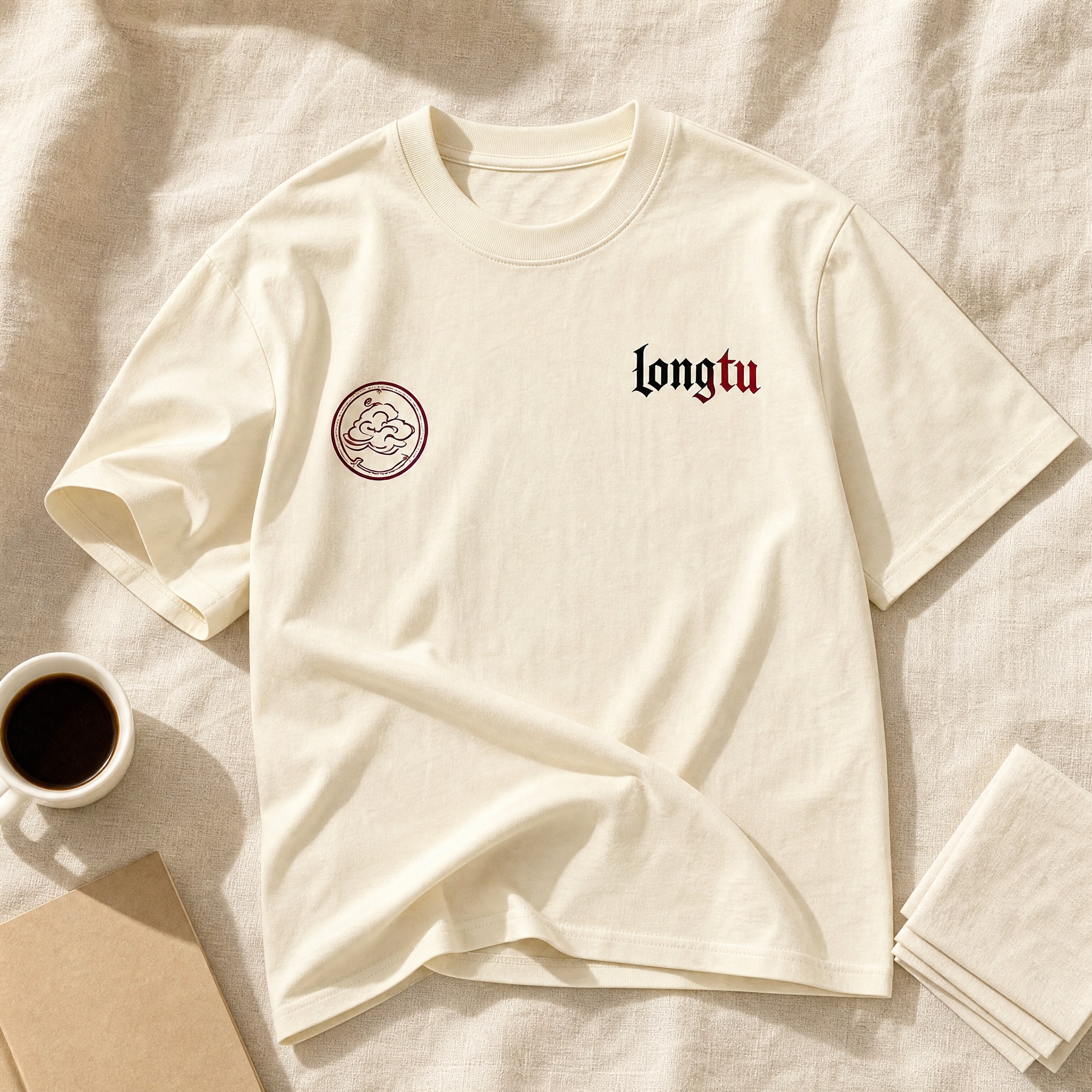 [主图-5] 面料质感+版型平铺展示图，米杏色LONGTU祥云… - 图片创意预览