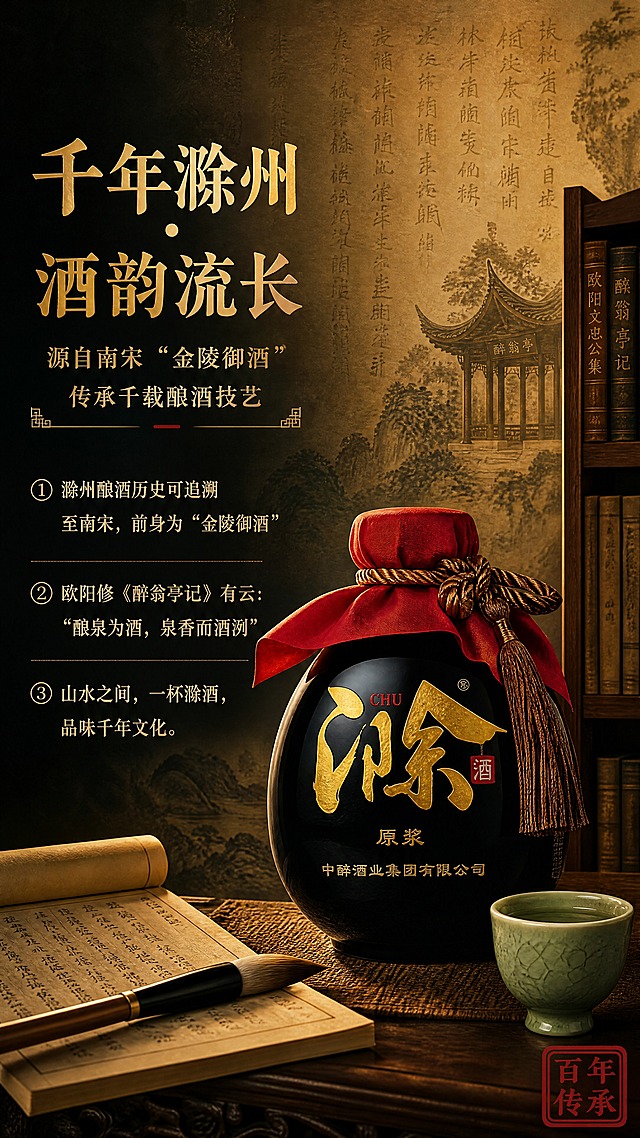 [商品] 使用【图1】百年滁酒黑坛酒瓶；保留黑色坛身、金色书法"滁"字、红色布封口配麻绳流苏、"原浆"字样的全部结构、颜色、材质和文字；商品处理：清晰化瓶身文字，增强坛身釉面质感，去除倒影。
[画面] 目标：产地历史文化叙事，强化滁州酒的千年文化底蕴。左文右图构图，左侧为文化文案区，右侧为百年滁酒瓶置于古意场景中（古书架、卷轴、青瓷酒杯），产品占画面45%。背景为泛黄古卷质感，叠加《醉翁亭记》文字淡影，右下角有滁州醉翁亭剪影。前景有一支毛笔、半卷古籍，营造文人雅士氛围。
[视觉] 套系策略：风格=东方雅致国风高端白酒商业摄影；标题字=书法宋体粗体；正文字=现代宋体细体；主色=深墨黑+暗金；背景延展=基于深墨黑做渐变层次、暗金纹理、中式山水意境底纹；强调色=朱砂红，仅用于小面积印章、标签、点缀光效；标题色=暗金色；正文色=米白浅金；组件=暗金细线引线、朱砂红印章式标签、中式回纹边框；光影=左前侧暖金柔光，侧逆光勾勒产品轮廓。
[文字] 左上主标题：千年滁州 · 酒韵流长；副标题：源自南宋"金陵御酒"，传承千载酿酒技艺；正文要点：① 滁州酿酒历史可追溯至南宋，前身为"金陵御酒"；② 欧阳修《醉翁亭记》有云："酿泉为酒，泉香而酒洌"；③ 山水之间，一杯滁酒，品味千年文化。右下角配朱砂红印章"百年传承"。全部横排，字号清晰。
[规格] 图片比例9:16竖版，4K分辨率，京东平台适配，避免变形、错字、文字过小、冷蓝背景、产品颜色改变、包装文字错乱、极限词。
