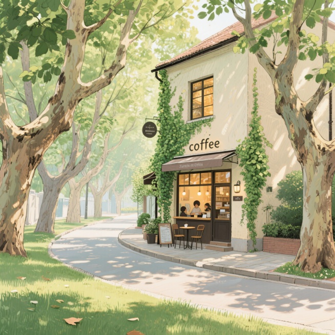 高大的梧桐树形成林荫夹道，阳光透过树叶洒下斑驳光影，路边一座很有意境的咖啡馆，爬山虎爬满浅色系墙壁，窗户透出温暖灯光，盛夏时节，空气中弥漫着青草与咖啡的香气，整体画面充满夏天氛围感，完美构图，大师级插预览效果