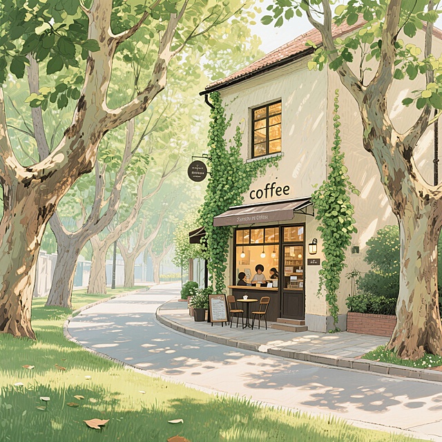 高大的梧桐树形成林荫夹道，阳光透过树叶洒下斑驳光影，路边一座很有意境的咖啡馆，爬山虎爬满浅色系墙壁，窗户透出温暖灯光，盛夏时节，空气中弥漫着青草与咖啡的香气，整体画面充满夏天氛围感，完美构图，大师级插画作品