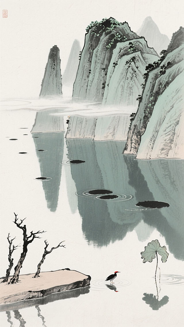 俯瞰视角，中国传统水墨画风格，浅灰石绿调，极简留白构图。远景是如刀削般陡峭的层叠岩峰，以苍劲有力的线条勾勒轮廓，峰顶覆盖着稀疏的苔点，山间有几缕横向飘逸的淡墨云雾。中景为深潭，水面如镜，倒映着岩峰的局部轮廓，水面中央有几处不规则的墨点涟漪。近景左下角是一块斜卧的扁长岩石，岩石上生长着三株姿态扭曲的枯木，枝干如铁线般向右侧水面延伸。右侧水面上漂浮着一片残破的荷叶，叶上停着一只红顶墨羽的水鸟，正低头凝视水中倒影。整体画面营造出孤高寂寥、物我两忘的禅意，笔触枯涩与湿润交织，墨色浓淡对比强烈，留白处透出淡淡的宣纸纹理。