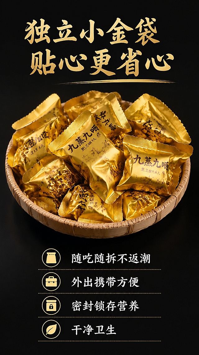 [第6屏] 包装优势展示屏，介绍独立小金袋包装的贴心设计。本屏使用【图2】作为核心展示。
[氛围/风格] 干净简约，突出包装质感，真实展示，商业摄影质感。
[元素布局] 一篮独立小金袋包装【图2】放置在画面中心区域，占比约70%，展示满满一篮的分量感；下方分点列出包装优势：随吃随拆不返潮、外出携带方便、密封锁存营养、干净卫生；保留产品原有包装颜色、形状和文字特征。
[光影质感] 柔和均匀光线，突显金色包装的质感，整体明亮通透，细节清晰。
[配色色系] 全局底色 #111111；黑金配色，金色包装在深色背景下更显高级质感，文字白色清晰对比。
[视角构图] 中心构图，产品篮子放置画面中心，文字信息在产品下方，层级清晰。
[文字版式] 顶部主标题「独立小金袋 贴心更省心」，分点优势排列在产品下方，每行一个卖点，字体清晰，方便手机阅读，标题金色，卖点白色，保持统一书法风格。
[比例分辨率] 9:16 竖版比例，4K分辨率，文字清晰可辨，高清画质。
[负向提示词] 包装变形，文字错乱，颜色失真，包装文字模糊