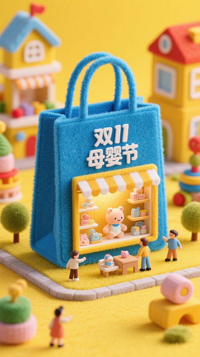 这幅画面以黄色调为主，画面中央是一个巨大的蓝色购物袋，上面写着“双11母婴节”。袋子中间有一个母婴用品橱窗展示柜。背景是玩具城。毛毡风格。高饱和色彩。