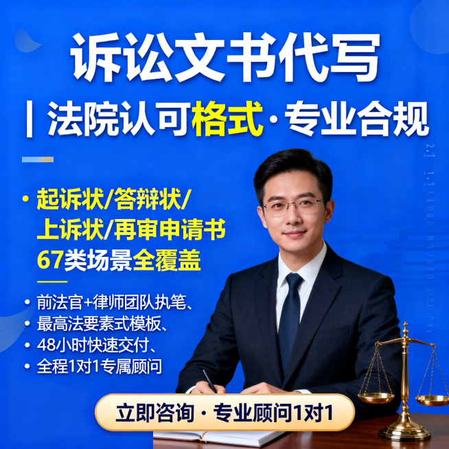 1:1比例专业化风格淘宝主图，主色调为蓝色，画面主标题为"诉讼文书代写｜法院认可格式·专业合规"，副标题为"起诉状/答辩状/上诉状/再审申请书 67类场景全覆盖"，利益点为"前法官+律师团队执笔、最高预览效果