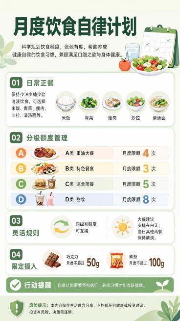 生成一张9:16竖版金融投教知识卡片海报，纯净无水印、无手机状态栏、无边框。主题：理性消费与生活自律计划
视觉流派：扁平科普
标题："月度饮食自律计划"
概念解释：科学规划饮食额度，张弛有度，帮助养成预览效果