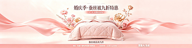 婚庆季蚕丝被九折特惠宣传海报，浅粉色背景，展示一张浅粉色提花纹理蚕丝被搭配白色枕头，画面两侧装饰粉色系花卉和金色花朵，两侧有飘动的粉色丝绸，顶部写有大标题文字“婚庆季·蚕丝被九折特惠”，标题下方标注“- 4.1-6.30限时抢购 -”，底部写有“蚕丝被品类九折”，“地址: 兴龙广缘和月百货4楼床品”，“促销热线: 0335-1234567”，整体风格温馨浪漫，婚庆促销氛围，尺寸高10cm长40cm