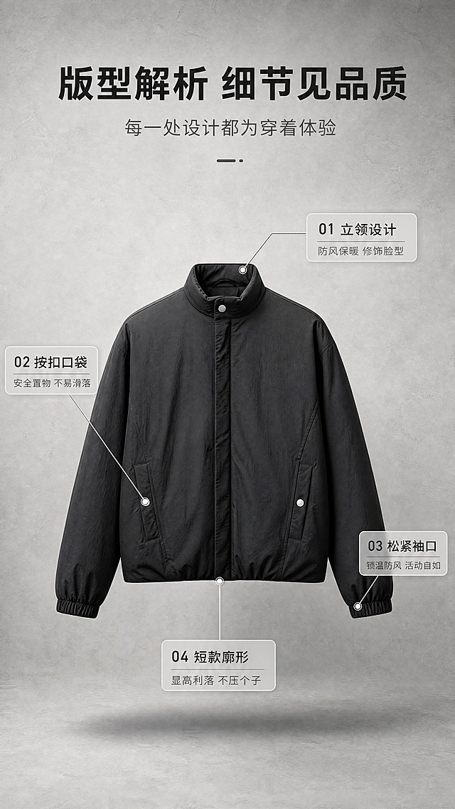 [商品] 使用【图1】黑色男士立领短款棉服夹克；商品处理：保留立领、前门襟、两侧按扣口袋、松紧袖口、短款廓形、黑色面料；自然去皱，增强面料纹理、缝线与五金按扣质感，不改变版型结构。
[画面] 目标：版型结构解析页，用引线标注拆解核心设计；构图：居中正面全貌，棉服占画面约65%，四周留白放引线标注；景别：中全景，展示完整正面版型；前中后景：浅灰渐变背景、棉服主体悬浮、引线标签浮于上层；背景为浅灰水泥质感，底部有柔和投影。
[视觉] 套系策略：风格=极简高级男装商业摄影风；标题字=现代无衬线粗体中文；正文字=简洁无衬线体；主色=炭黑；背景延展=基于炭黑做深浅灰层级、同色渐变和细腻水泥/纸张质感；强调色=银灰色，仅用于小面积图标、引线和标签；标题色=深炭黑；正文色=中暖灰；组件=细线引线、圆角浅灰信息卡、极简几何装饰线；光影=正上方柔光，均匀打亮衣身。
[文字] 顶部主标题「版型解析 细节见品质」，副标题「每一处设计都为穿着体验」；从棉服各部位引出4条银灰色细线标注：①立领设计（防风保暖 修饰脸型）、②按扣口袋（安全置物 不易滑落）、③松紧袖口（锁温防风 活动自如）、④短款廓形（显高利落 不压个子）；文字横排，标注清晰不遮挡主体。
[规格] 图片比例9:16竖版，4K分辨率，负向提示：避免变形、错字、文字过小、颜色改变、版型失真、白底孤立、极限词。