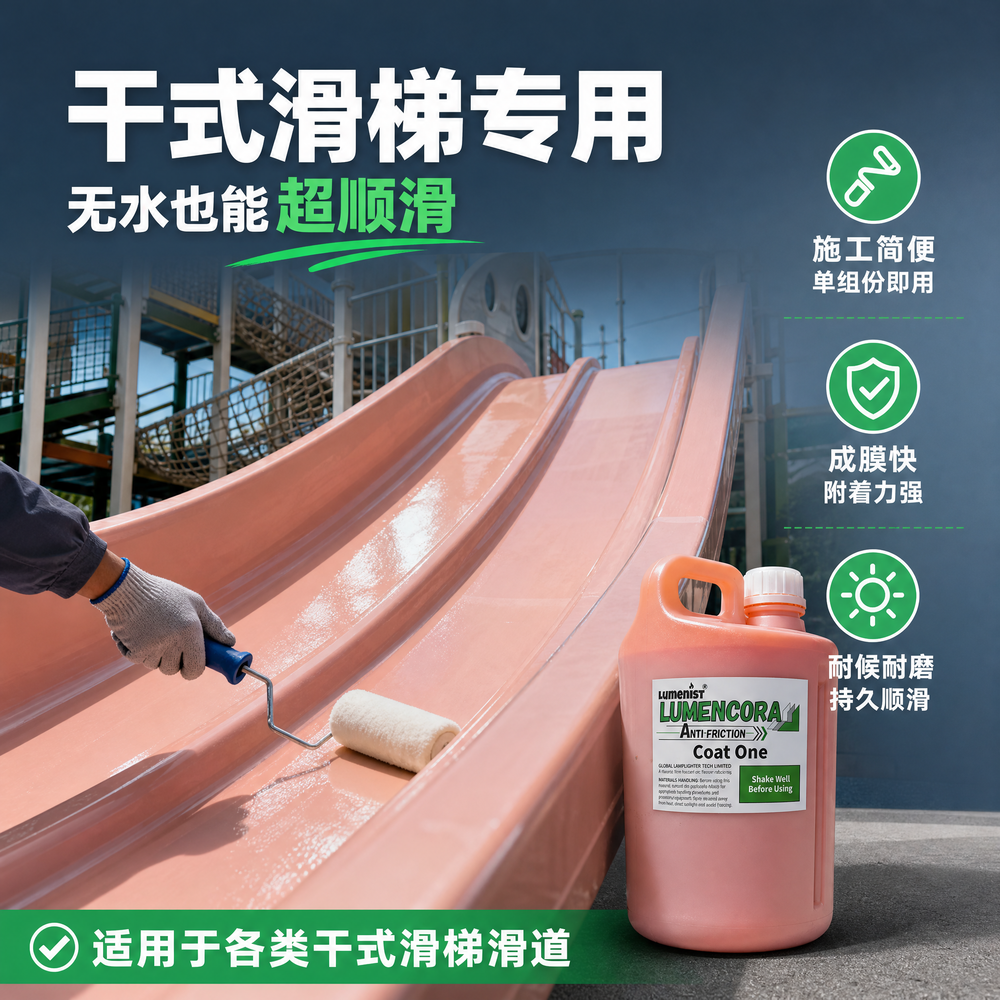 [主图-4] 施工适配与使用场景页，干式滑梯涂刷施工示意。本张… - 图片创意预览