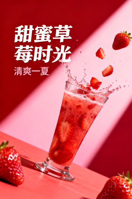 甜蜜草莓时光主题海报，对角线构图，玻璃器皿盛放草莓饮品，飞溅的草莓果粒，红色粉色渐变背景，高对比光影，清爽夏日风格，视觉冲击力强预览效果