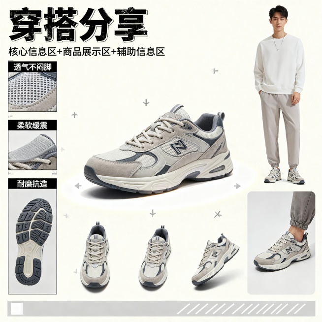按照整体是「标题区+卖点区+产品展示区+穿搭效果区」的布局：左上角标题区：大字号“穿搭分享”作为视觉锚点，用复古粗体字快速点明穿搭分享的主题左侧卖点区：竖排文字要不同的产品用不同的产品特点+面料特预览效果