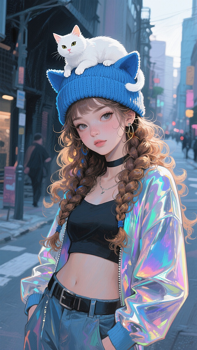年轻慵懒的女生（华丽的卷发，发尾梳着许多小辫子，蓝色猫耳针织帽子），小白猫趴在帽子上，透视感，波普艺术，全身，潮服，时尚，街头背景，