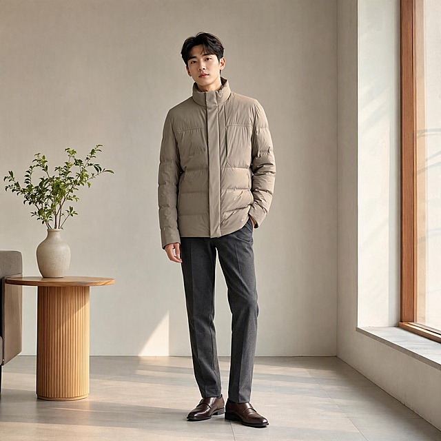 [主图-5] 男士立领轻薄羽绒服全身搭配展示，突出日常通勤穿搭效果与整体比例。
[统一基调] 高级感 松弛商务休闲风 柔和时尚摄影光 生活化场景 浅卡其色羽绒服 亚洲男性模特 25-35岁 气质干净 妆容精致 皮肤白皙 背景为极简现代室内空间 整体色调温暖柔和 无多余杂物。
[画面] 模特全身站立构图 从头到脚完整展示 身穿与主图1同款浅卡其色立领轻薄羽绒服 下装深灰色休闲西裤 脚穿深棕色简约皮鞋 整体搭配商务休闲 适合日常通勤 模特身体微微侧向画面左方 右手插在裤子口袋里 左手自然下垂 头部转向镜头 表情自然放松 步伐轻盈有动态感 展示羽绒服的整体长度和上下身比例 背景为现代简约的室内空间 浅灰色墙面 旁边有极简风格的木质边几和绿植点缀 环境干净不杂乱 人物占画面主体约70% 光线从右侧大窗户射入 自然光感柔和。
[光影质感] 商业时尚摄影质感 自然光效 明暗过渡自然 羽绒服面料质感真实 整体画面有生活气息和高级感 人物与环境融合自然。
[配色] 主色浅卡其色 背景浅灰色+木色 辅助色深灰色 深棕色 整体暖色调 低饱和度 高级感配色。
[文字版式] 无文字 纯图展示。
[输出要求] 1:1比例 2048*2048像素 产品清晰 模特姿态自然 全身完整不裁切 无变形 无错字 无水印 无平台Logo 无杂乱背景 人物面部清晰不扭曲 手部自然无畸形。