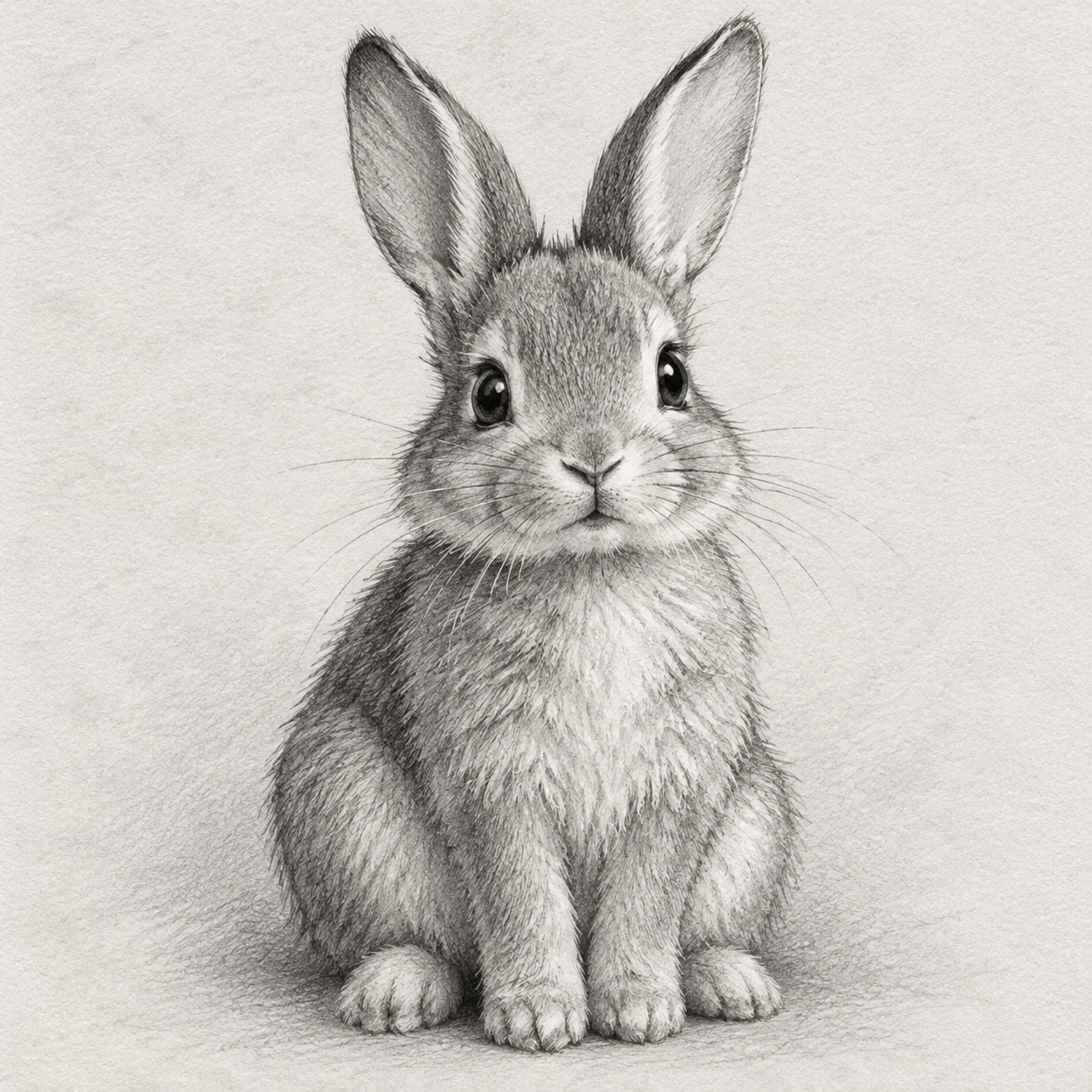 一张精美的手绘铅笔素描兔子插画，一只坐姿的可爱兔子，长耳朵竖起… - 图片创意预览