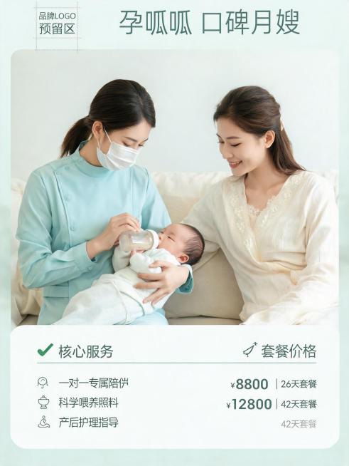 竖版「孕呱呱」品牌自营月嫂服务宣传海报，比例为3:4，整体低饱和浅蓝绿色治愈风，柔和暖光，背景是干净的浅米色沙发。画面中央：穿浅蓝绿色月嫂制服的专业阿姨戴白色口罩，温柔用奶瓶喂新生儿，旁边穿米白色月子预览效果