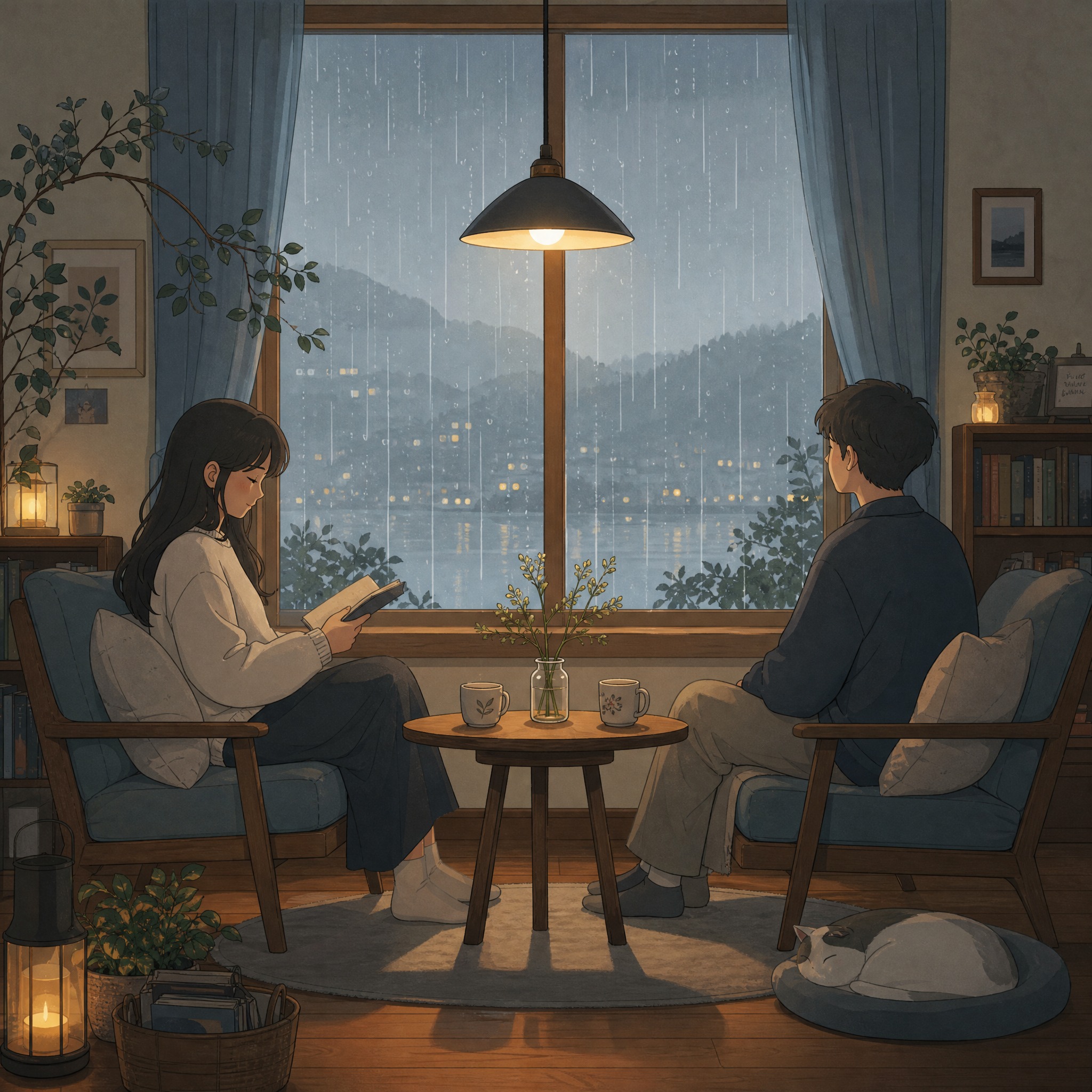 治愈系插画，不必解释主题。画面中两个人相对而坐，中间是一张小桌… - 图片创意预览