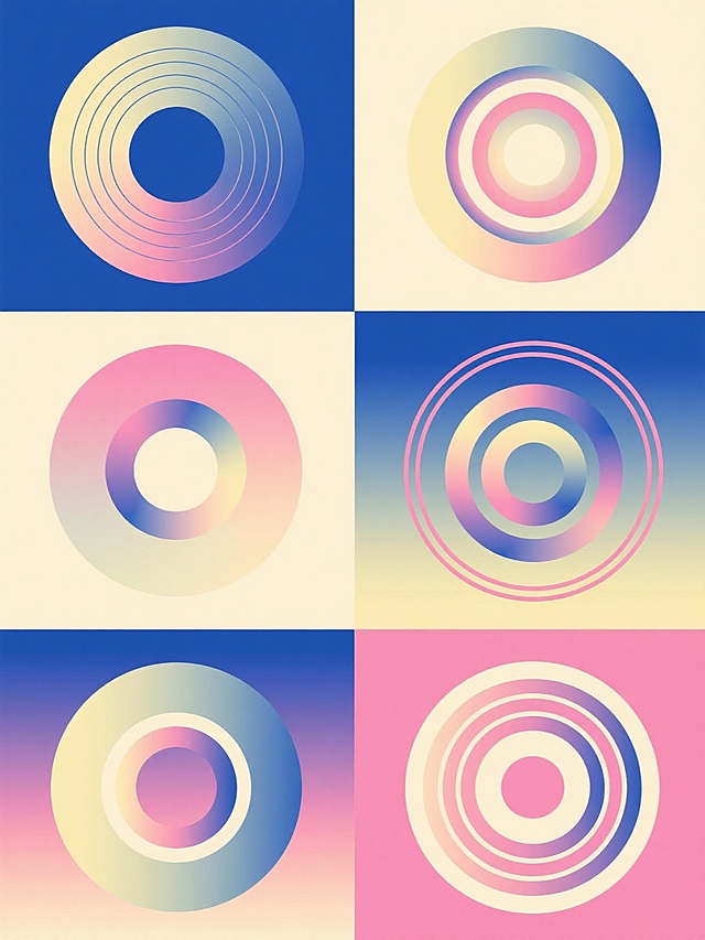一组六个系列素材的规整排布，每个素材均保持相同的渐变色彩搭配和纯色色块背景，呈现完全不同造型与角度的同心圆环状几何图案，整体采用数字艺术风格，具有平滑的色彩过渡和简洁的现代设计感，所有元素以有序的方式排列组合。