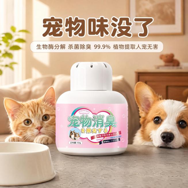 商业级宠物用品产品摄影。
主体：宠物消臭剂严格参照上传产品图，完整保留组件、轮廓、结构、比例、材质、颜色与产品本体上的文字信息，占画面 60%~70%，完整不裁切，近景构图，绝对视觉主导，产品边缘距离预览效果