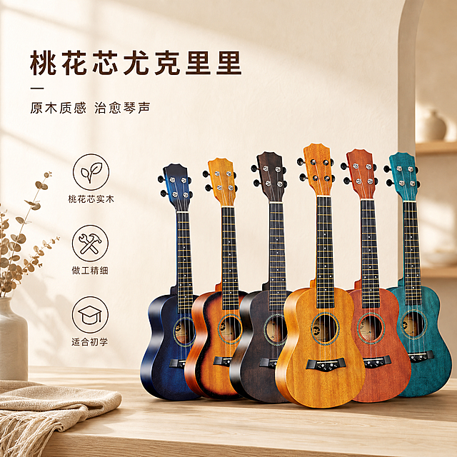[单张主图] 桃花芯尤克里里，高级氛围感主图，打造抖音平台家居治愈风电商主图，突出产品天然材质的休闲文艺感。
[画面主体] 居中展示多色尤克里里排列，保持产品外观（物理结构、材质纹理、颜色）与输入产品图绝对一致，杜绝任何变形和色差，精细化处理木纹质感。商品主体占比严格控制在50%左右，完整居中不裁切。
[构图版式] 左文右物场景型，左侧大面积留白，右侧产品放大展示，产品放置在浅原木色台面上，整体画面干净高级。
[场景元素] 背景为浅奶白色的温馨家居角落，左侧搭配几株干燥尤加利叶和棉麻餐布，营造松弛治愈的生活氛围，底部自然留白放置3个线框图标卖点，道具不遮挡产品主体。
[文案版式] 左上留白区域左对齐排版：
大号主标题："桃花芯尤克里里"
小号副文案："原木质感 治愈琴声"
下方三个线框图标卖点，依次为：
桃花芯实木
做工精细
适合初学
保留充足安全边距，文字不遮挡产品。
[光影质感] 自然光从左侧斜射入户，主光柔和明亮，在产品和台面上形成自然浅投影，辅光补亮产品细节，柔化暗部，背景浅景深虚化，突出尤克里里的真实质感和木材纹理，整体商业摄影高清质感，通透干净。
[配色字体] 主色调为低饱和奶白色原木暖棕色，辅助色提取尤克里里的自然木色和浅蓝装饰色，字体选择细轻无衬线字体，主标题字重稍粗，副文案和卖点字重轻盈，字色从产品木纹提取深棕色，与浅色背景形成清晰对比。
[比例分辨率] 1:1 比例，2K分辨率，文字清晰可辨，图片大小控制在3M以内。
[负向提示词] 变形，水印，文字错乱，产品图模糊，背景杂乱，主体遮挡，错字，伪Logo，低清晰度，错误结构