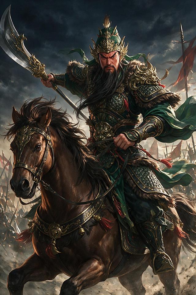 古风写实厚涂画风，红脸美髯公关羽，头戴绿金色武将冠盔，身披青绿战袍铠甲，长髯飘逸，骑在棕色战马之上，神情威严凌厉，暗金色光影氛围感，8K超精细原画，笔触厚重，国风玄幻写实，三国杀武将插画风格，参考图的画风和色彩质感，战场史诗感，电影级光影