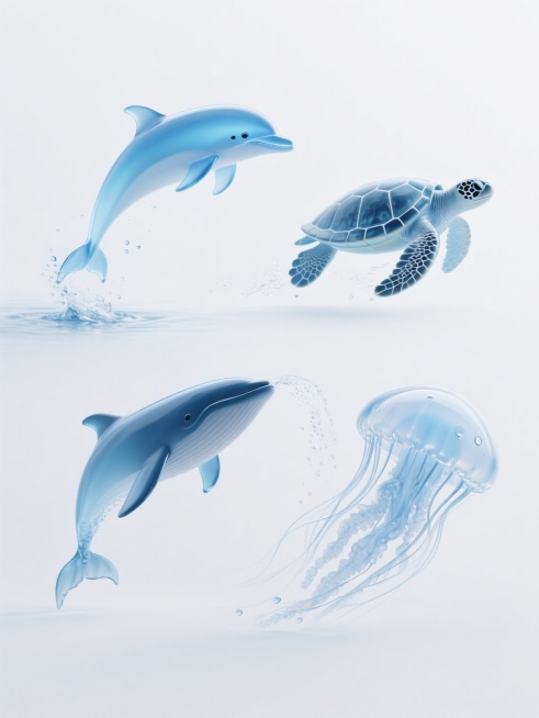 超写实水元素风格系列海洋动物海报，纯白纯色背景，四个规整排布的透明水形态海洋动物，左侧上方为跃出水面的流线型海豚，身体由清澈渐变蓝水构成，带飞溅水滴；右侧上方是游动的海龟，水形态龟壳有纹理细节，四肢划水带水流；左侧下方为喷水的鲸鱼，水柱与身体水形态自然融合；右侧下方是摆动触须的水母，水构成的伞状体半透明，边缘有水滴效果，所有动物保持一致的水元素质感、渐变蓝色调和光影效果，整体构图平衡对称，视觉……预览效果