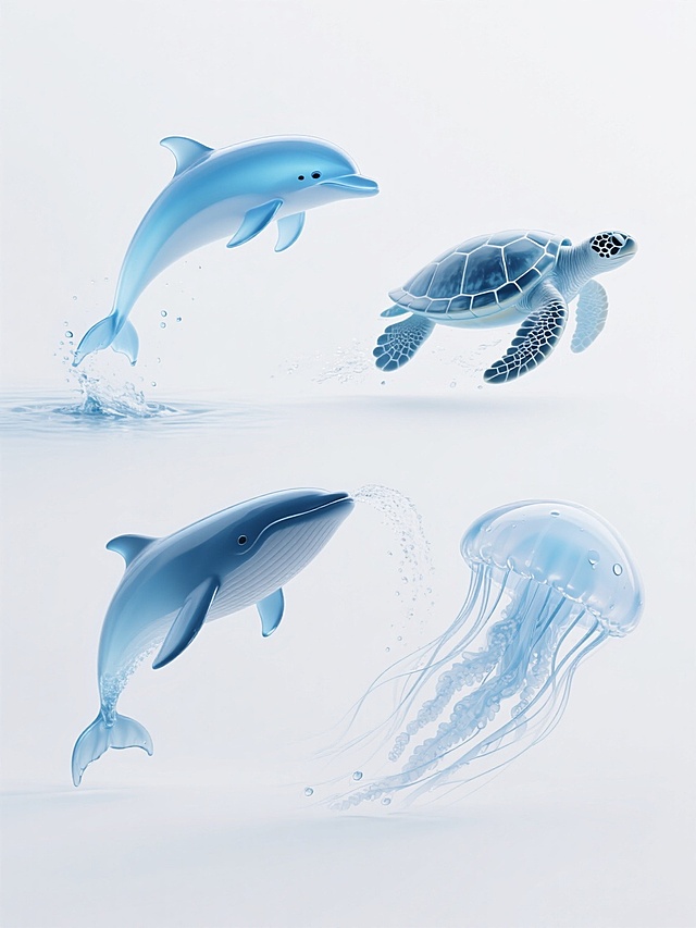 超写实水元素风格系列海洋动物海报，纯白纯色背景，四个规整排布的透明水形态海洋动物，左侧上方为跃出水面的流线型海豚，身体由清澈渐变蓝水构成，带飞溅水滴；右侧上方是游动的海龟，水形态龟壳有纹理细节，四肢划水带水流；左侧下方为喷水的鲸鱼，水柱与身体水形态自然融合；右侧下方是摆动触须的水母，水构成的伞状体半透明，边缘有水滴效果，所有动物保持一致的水元素质感、渐变蓝色调和光影效果，整体构图平衡对称，视觉层级清晰，突出每个海洋动物的独特动态与水的流动性。