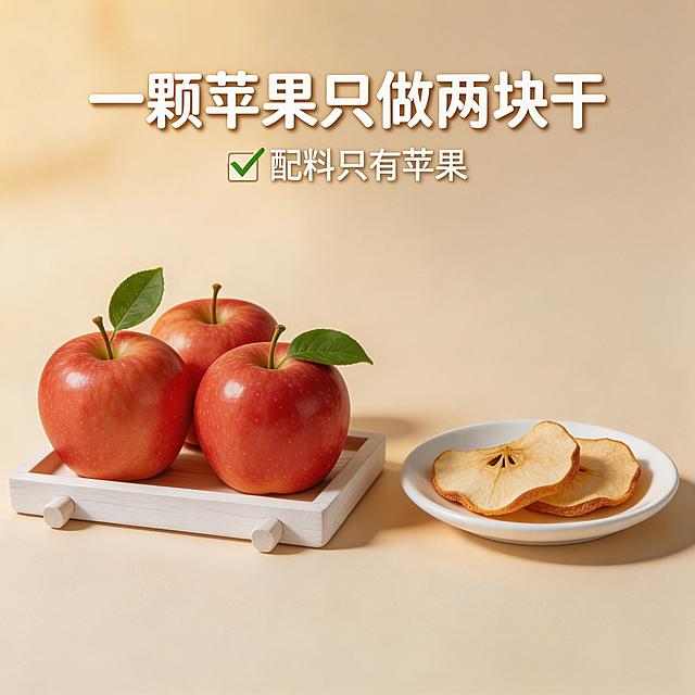 生成红富士苹果干抖音主图，新鲜红富士苹果搭配做好的苹果干对比展示，突出原材天然卖点，卖点文案：一颗苹果只做两块干，配料只有苹果，日式简约风格，暖调光影