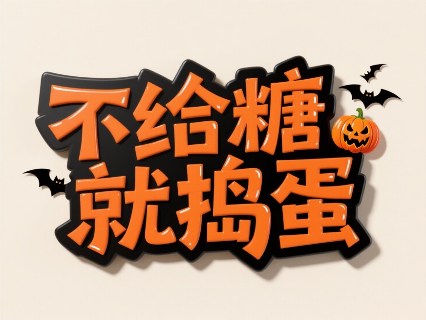 橙黑双层字体结构"不给糖就捣蛋"。创意惊悚字体设计，蝙蝠、南瓜等万圣节元素嵌入字体，米白色背景，高纯度配色。预览效果